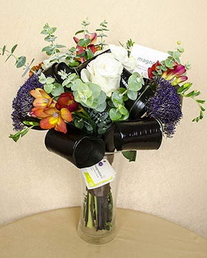 Bouquet roses, Trachelium, freesias, Cordyline and eucalyptus leaves