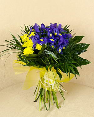 Bouquet irises and yellow chrysanthemums