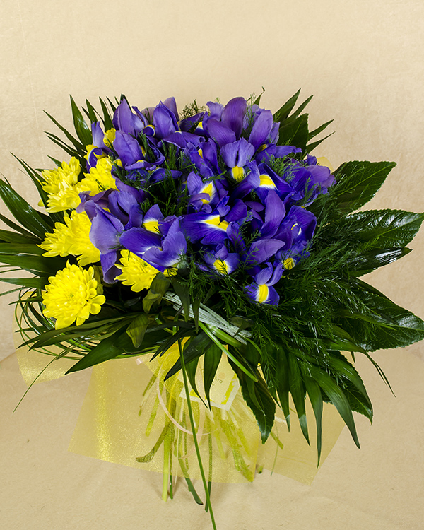 Bouquet irises and yellow chrysanthemums