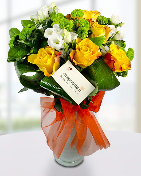 Bouquet with roses, chrysanthemums and eustoma