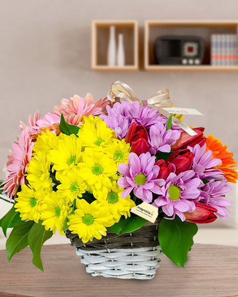 Basket with multicoloured flowers