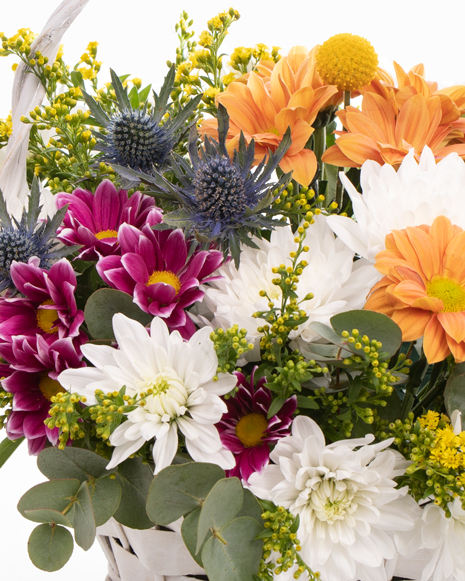 Basket with chrysanthemums and solidago