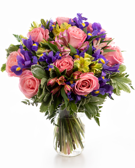 Bouquet of pink roses and irises | Magnolia.ro
