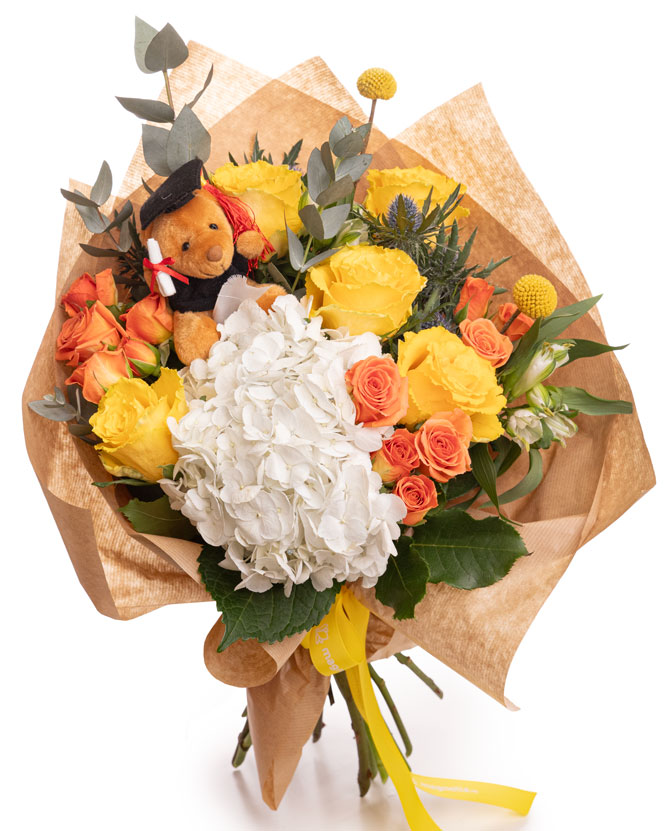 Graduation bouquet with yellow roses and hydrangeas
