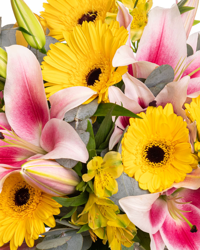 Bouquet with yellow lilies and gerbera