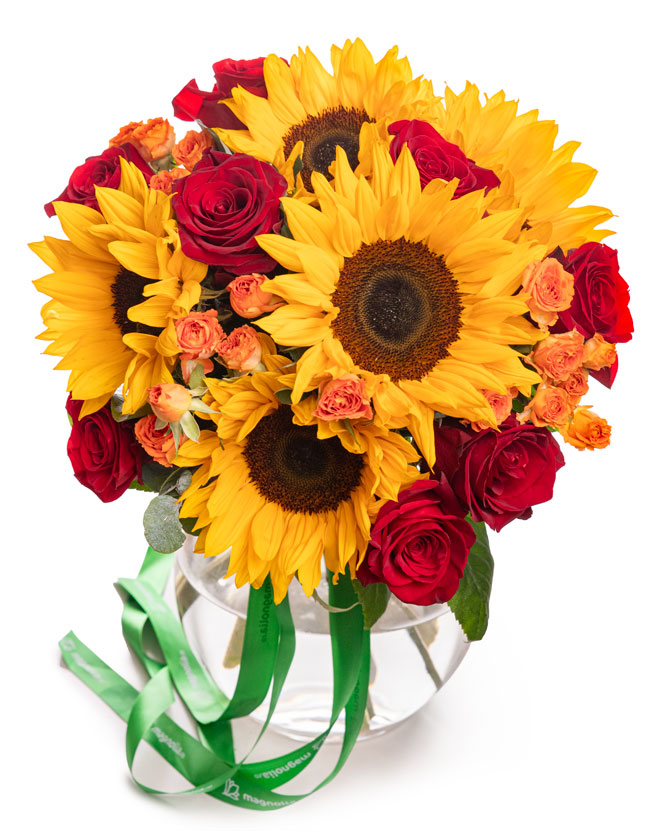 Sunflower and red rose bouquet