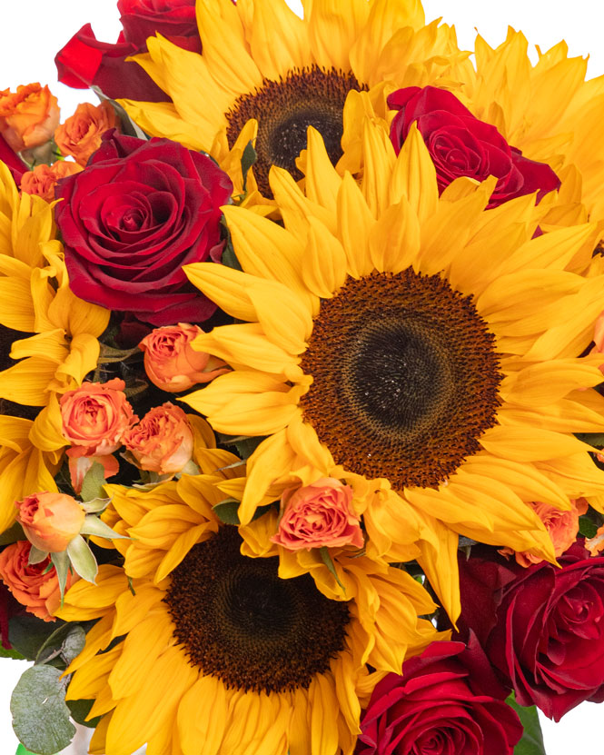 Sunflower and red rose bouquet