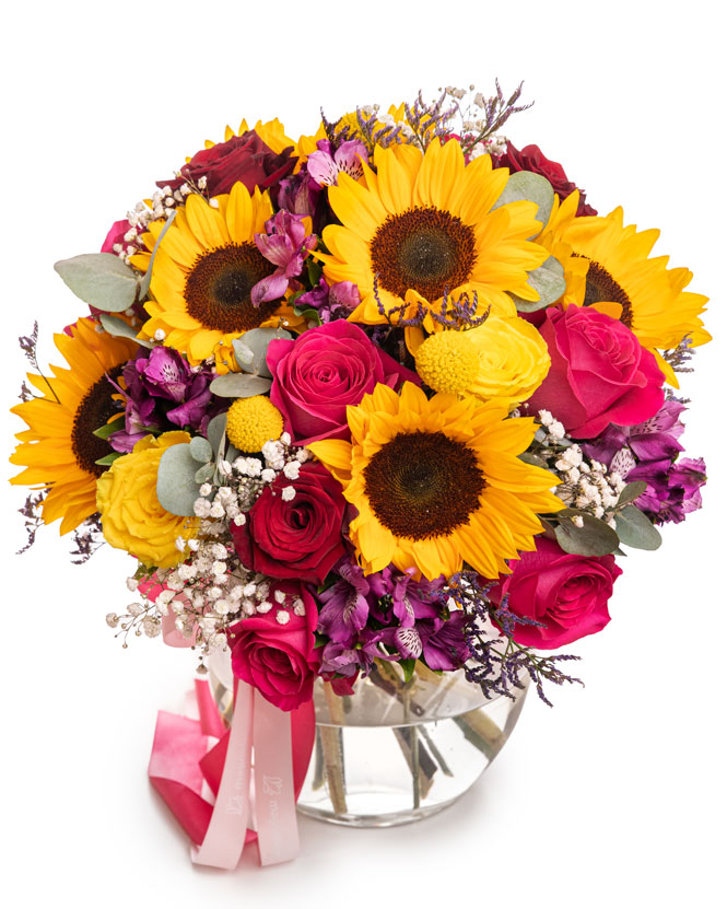 Colorful bouquet with sunflowers and roses