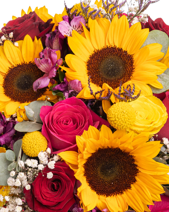 Colorful bouquet with sunflowers and roses