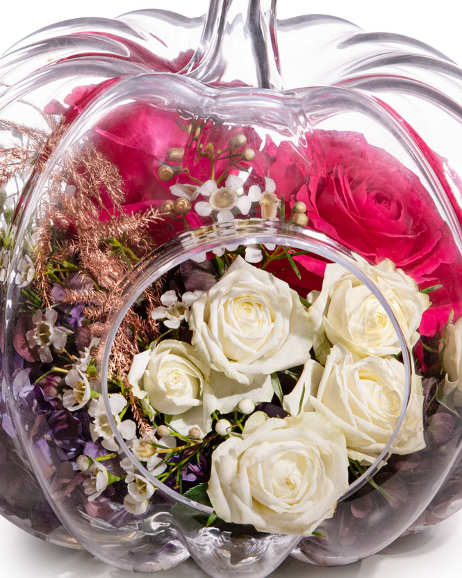 Rose and Hydrangea Arrangement in a Decorative Pumpkin