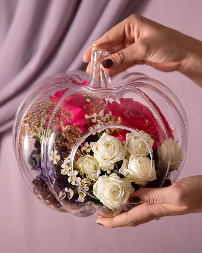 Rose and Hydrangea Arrangement in a Decorative Pumpkin