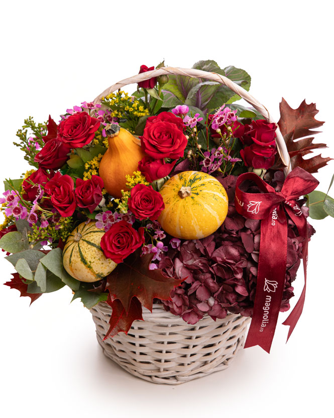 Roses, solidago and ornamental pumpkins autumn basket