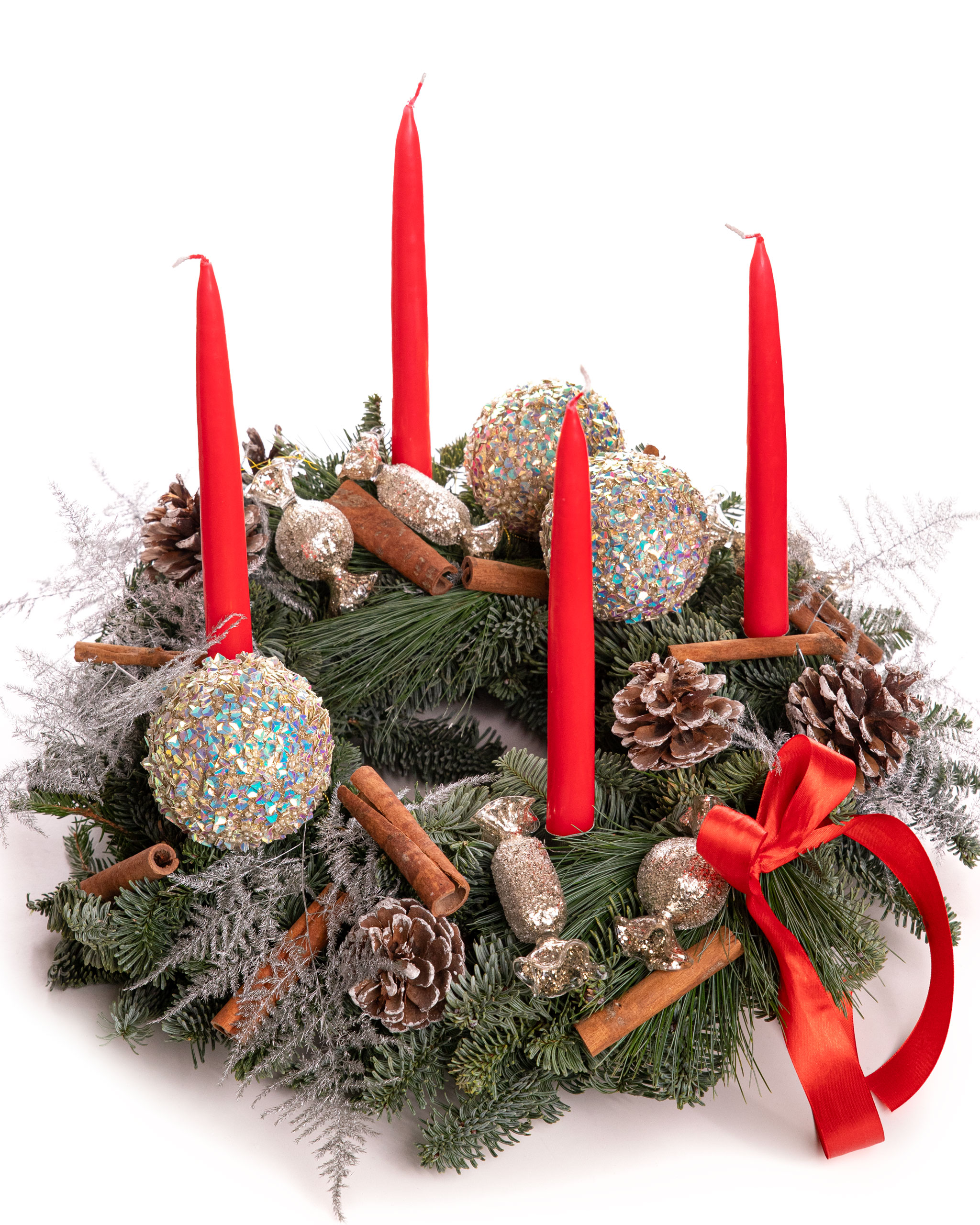 Christmas wreath with candles and ornaments