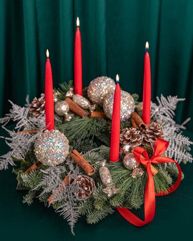 Christmas wreath with candles and ornaments