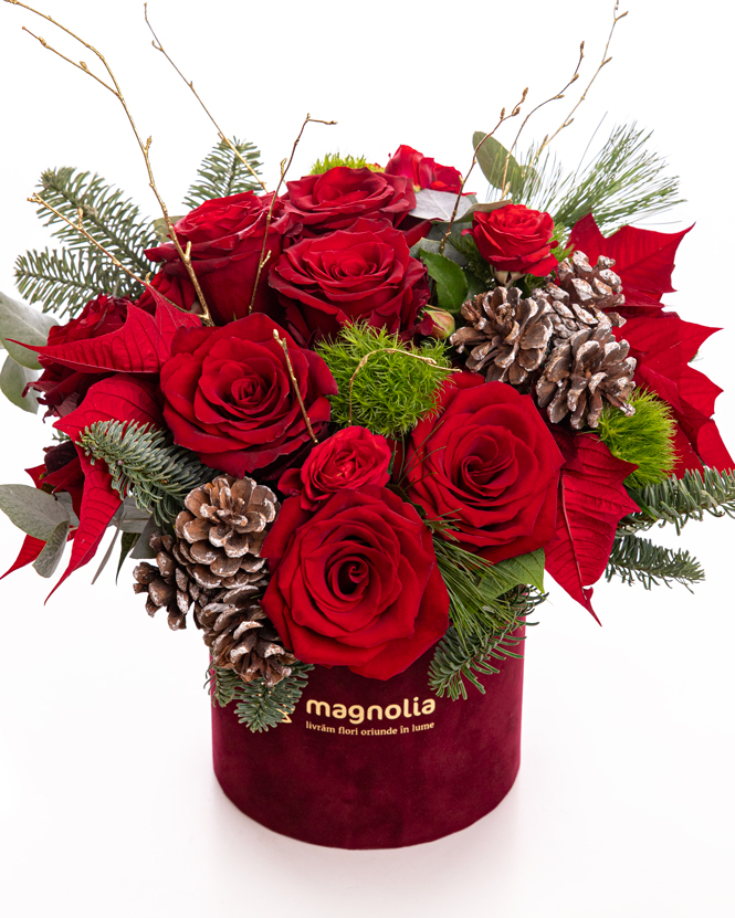 Poinsettia and red roses arrangement