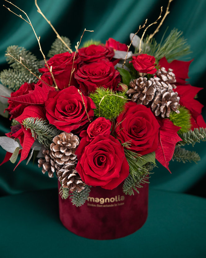 Poinsettia and red roses arrangement