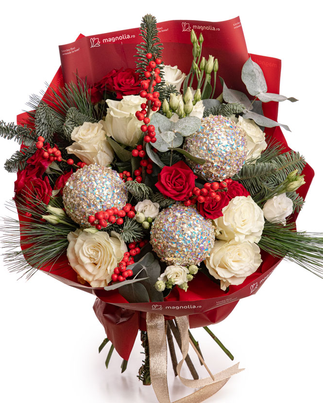 White roses bouquet with Christmas ornaments