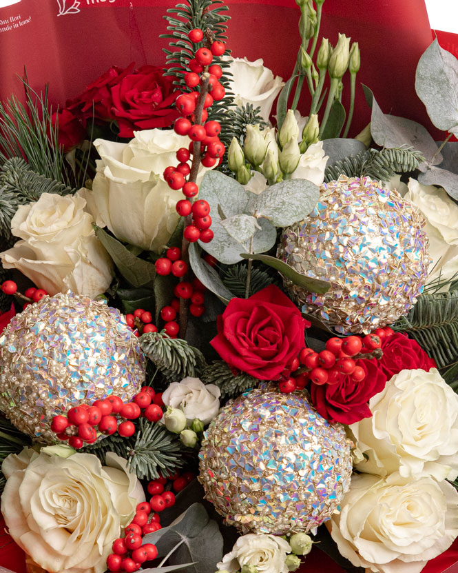 White roses bouquet with Christmas ornaments