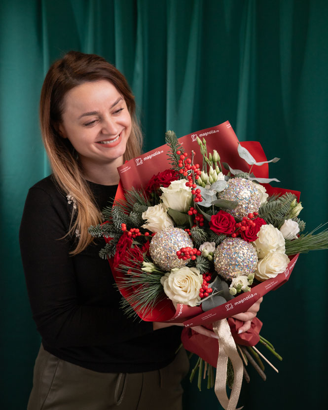 White roses bouquet with Christmas ornaments