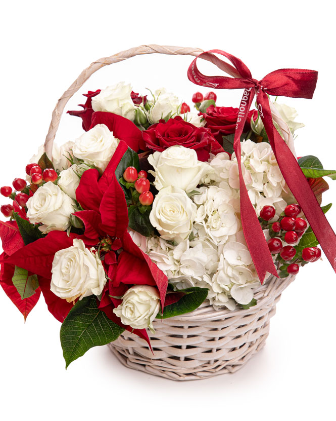 Christmas gift basket with flowers