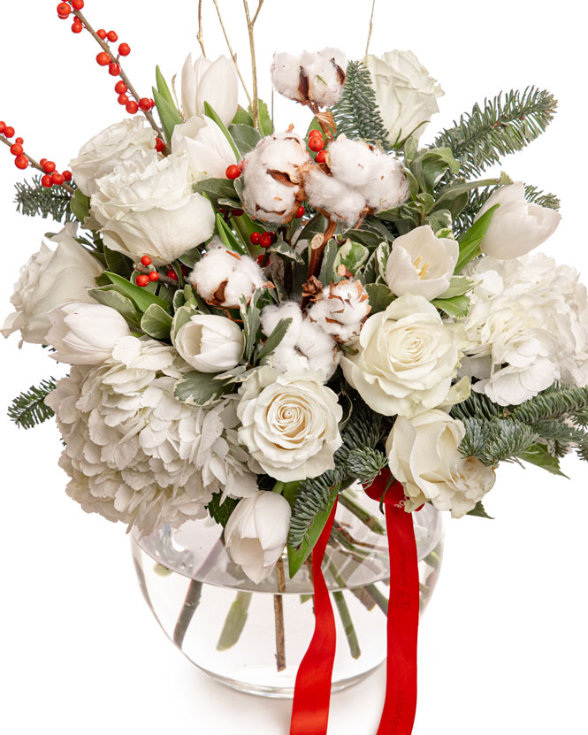 Bouquet of tulips and winter decorations