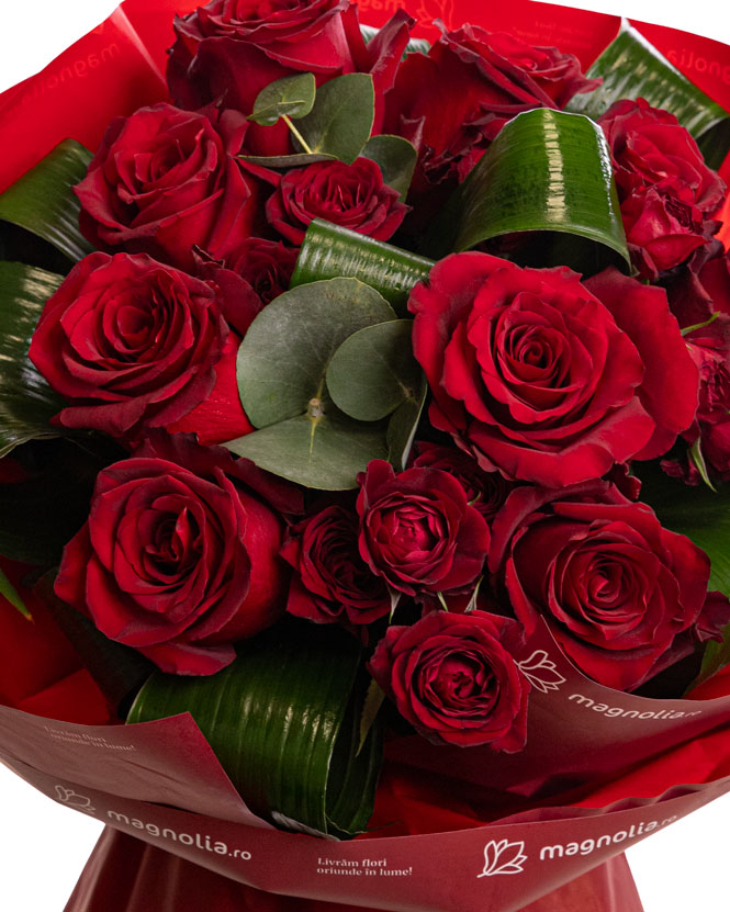 Bouquet with red roses and eucalyptus