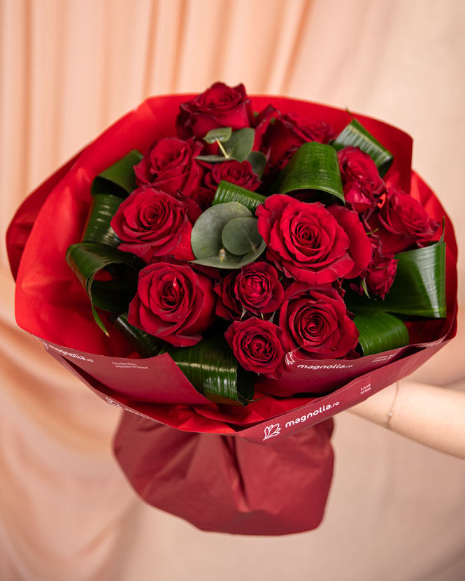 Bouquet with red roses and eucalyptus